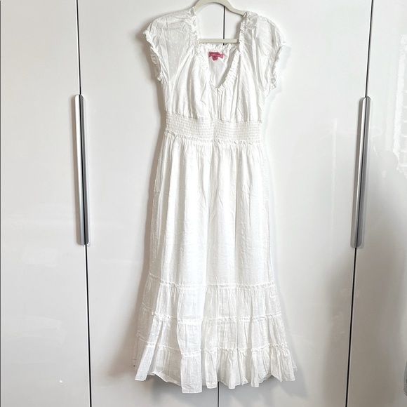NWOT Betsey Johnson White Cotton Maxi Dress Lined Smocking Waist, Size L - Picture 1 of 12